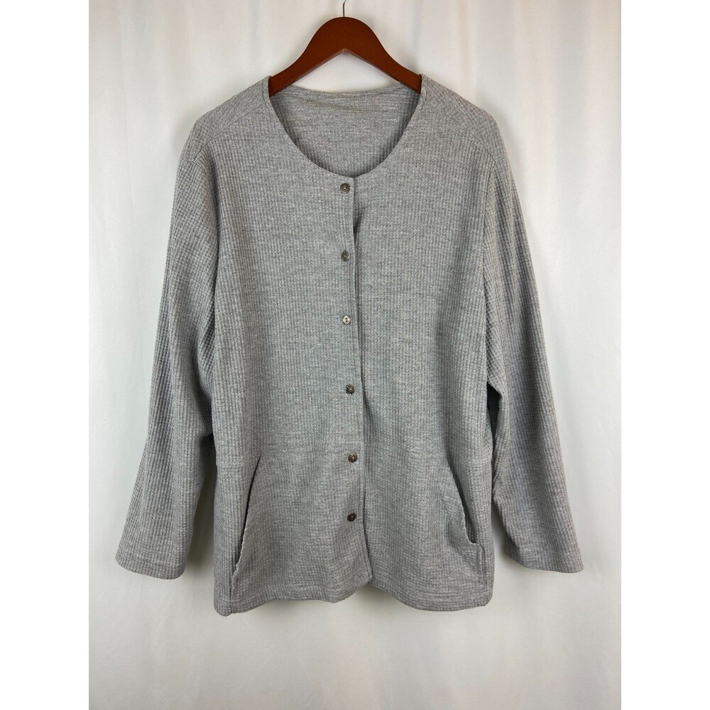 VTG Blair Women's 2XL Waffle Knit Gray Button Up Cardigan Sweater Pockets Cozy